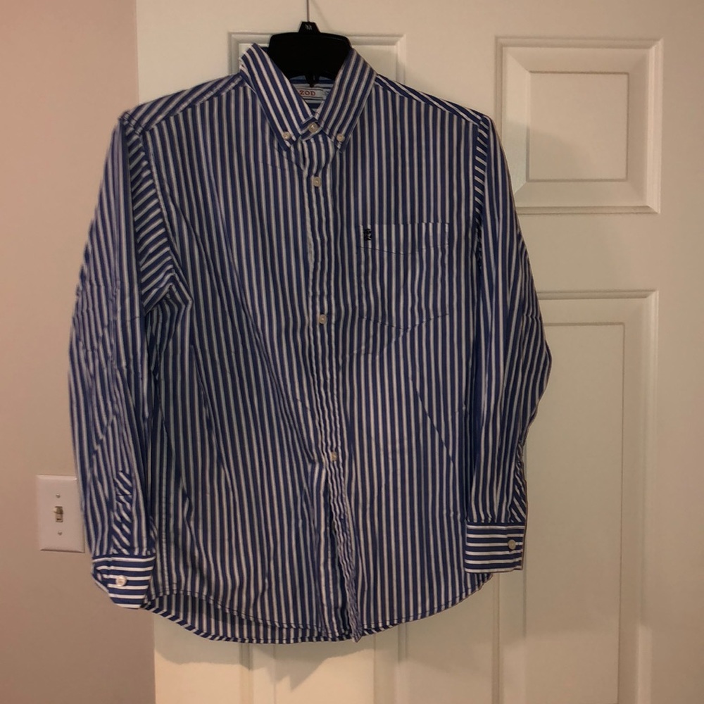 blue and white stripped button down